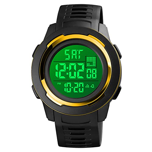 TONSHEN Herren Digital Sport Uhr 50M Wasserdicht LED Elektronik Outdoor Doppelte Zeit Alarm Stoppuhr Plastik Lünette mit Kautschuk Band Uhren Countdown Armbanduhr (Gelb) von TONSHEN