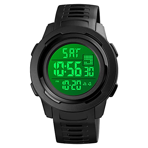TONSHEN Herren Digital Sport Uhr 50M Wasserdicht LED Elektronik Outdoor Doppelte Zeit Alarm Stoppuhr Plastik Lünette mit Kautschuk Band Uhren Countdown Armbanduhr (Schwarz) von TONSHEN