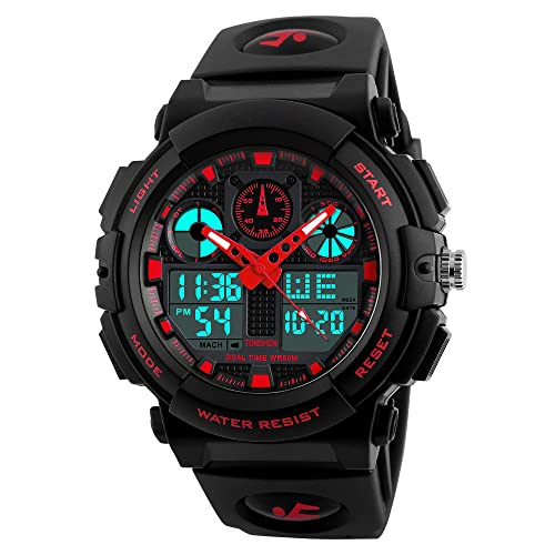 TONSHEN Herrenuhr Digitaluhr Sport LED Outdoor Militär Uhr Schwarz Armbanduhr Plastik Uhren Silikon Band Analog Quarzuhr Doppel Zeit 50M Wasserdicht (Rot) von TONSHEN