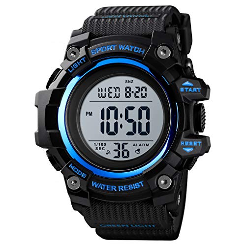 TONSHEN Herren Digital Sport Uhr LED Elektronik Outdoor Doppelte Zeit Alarm Stoppuhr Plastik Uhren 50M Wasserdicht Countdown (Blau) von TONSHEN