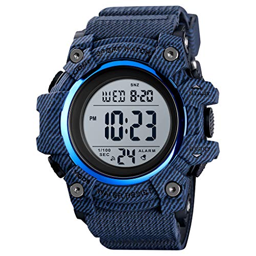 TONSHEN Herren Digital Sport Uhr LED Elektronik Outdoor Doppelte Zeit Alarm Stoppuhr Plastik Uhren 50M Wasserdicht Countdown (Cowboy) von TONSHEN