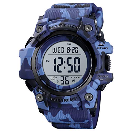 TONSHEN Herren Digital Sport Uhr LED Elektronik Outdoor Doppelte Zeit Alarm Stoppuhr Plastik Uhren 50M Wasserdicht Countdown (Dunkelblau) von TONSHEN