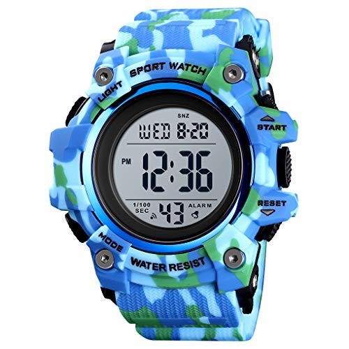 TONSHEN Herren Digital Sport Uhr LED Elektronik Outdoor Doppelte Zeit Alarm Stoppuhr Plastik Uhren 50M Wasserdicht Countdown (Hellblau) von TONSHEN