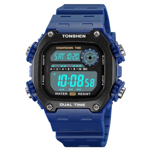 TONSHEN Herren Digital Sport Wasserdicht LED Elektronik Uhren Countdown Outdoor Doppelte Zeit Alarm Stoppuhr Plastik Armbanduhr (Blau) von TONSHEN