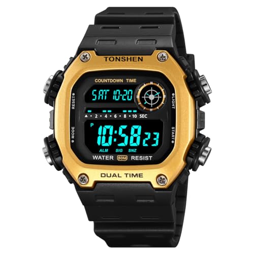 TONSHEN Herren Digital Sport Wasserdicht LED Elektronik Uhren Countdown Outdoor Doppelte Zeit Alarm Stoppuhr Plastik Armbanduhr (Gelb) von TONSHEN