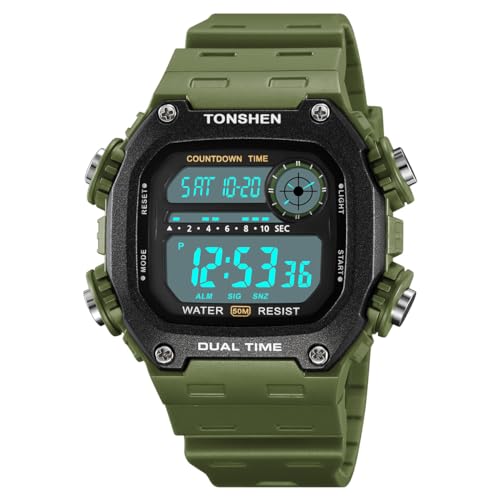 TONSHEN Herren Digital Sport Wasserdicht LED Elektronik Uhren Countdown Outdoor Doppelte Zeit Alarm Stoppuhr Plastik Armbanduhr (Grün) von TONSHEN