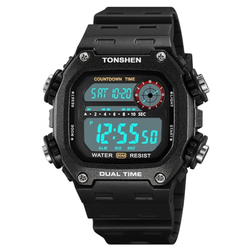 TONSHEN Herren Digital Sport Wasserdicht LED Elektronik Uhren Countdown Outdoor Doppelte Zeit Alarm Stoppuhr Plastik Armbanduhr (Schwarz) von TONSHEN