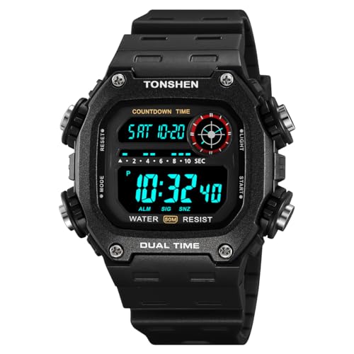 TONSHEN Herren Digital Sport Wasserdicht LED Elektronik Uhren Countdown Outdoor Doppelte Zeit Alarm Stoppuhr Plastik Armbanduhr (Schwarz 2) von TONSHEN
