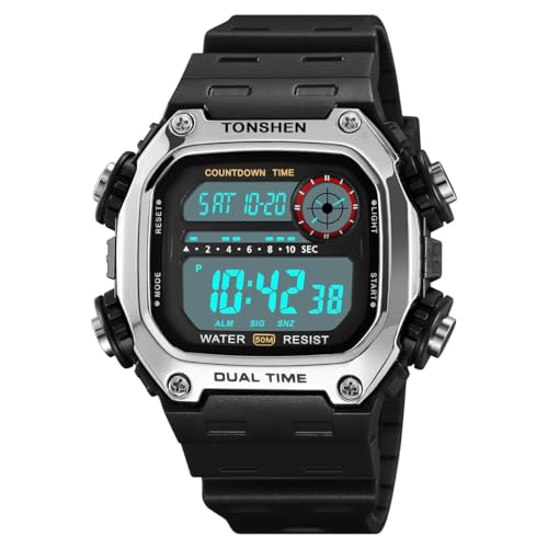 TONSHEN Herren Digital Sport Wasserdicht LED Elektronik Uhren Countdown Outdoor Doppelte Zeit Alarm Stoppuhr Plastik Armbanduhr (Silber) von TONSHEN