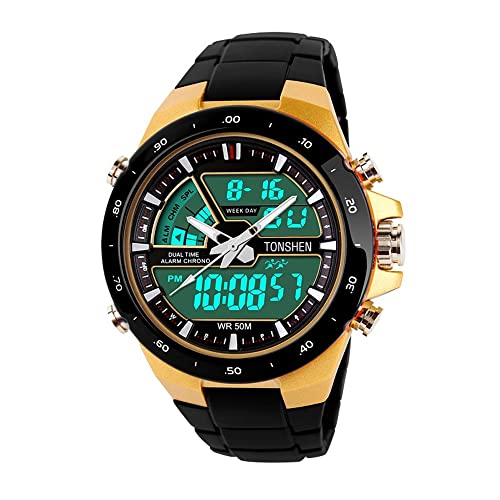 TONSHEN Herren Digital Uhr 50M Wasserdicht Militär Outdoor Sport Uhren 1/100 Stoppuhr Datum Kalender Plastik Uhren Analog Quarzuhr LED Armbanduhr (Gelb) von TONSHEN