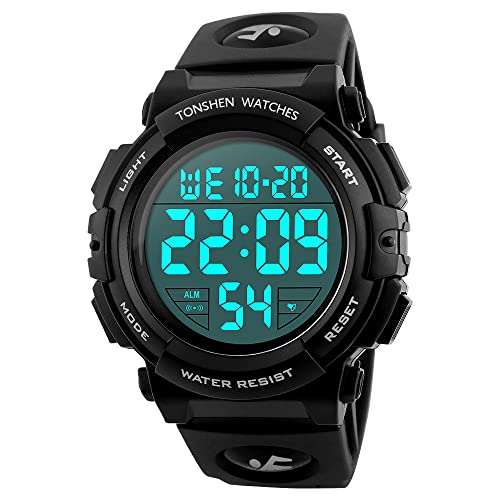 TONSHEN Unisex LED Digital Outdoor Sport Uhr Wasserdicht Armbanduhr Elektronische Militär Tactical Uhren 12H/24H Zeit Kalender Alarm Stoppuhr EL Licht Plastik mit Silikon Große Anzahl (Herren Schwarz) von TONSHEN
