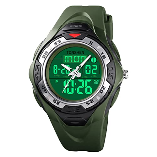 TONSHEN Herren Digital Uhren Analog Quarz LED Elektronik Licht DREI Zeit 50M Wasserdicht Outdoor Militär Sportuhr Alarm Datum Stoppuhr Plastik Armbanduhr (Grün) von TONSHEN