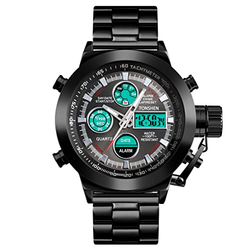 TONSHEN Herren Digital Uhren LED Elektronik Analog Quarz Doppelte Zeit Outdoor Militär Sport Edelstahl Multifunktional Armbanduhr (Schwarz) von TONSHEN
