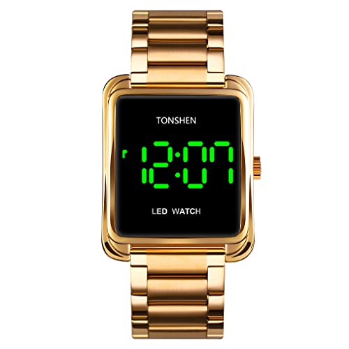 TONSHEN Herren Digital Uhren LED Elektronik Beleuchtung Edelstahl Armbanduhr (Gold) von TONSHEN