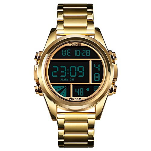 TONSHEN Herren Digital Uhren Luxus Fashion Edelstahl Uhr LED Elektronik Outdoor Multifunktional Alarm Stoppuhr Casual Sportuhr (Gold) von TONSHEN