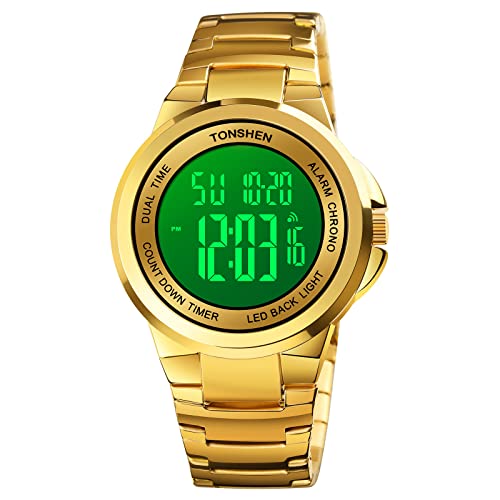 TONSHEN Herren Digital Uhren Luxus Fashion Edelstahl Uhr LED Elektronik Outdoor Multifunktional Alarm Stoppuhr Casual Sportuhr (Gold) von TONSHEN