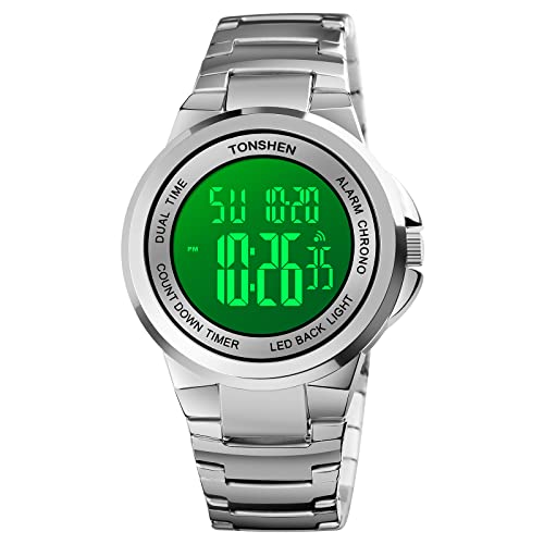 TONSHEN Herren Digital Uhren Luxus Fashion Edelstahl Uhr LED Elektronik Outdoor Multifunktional Alarm Stoppuhr Casual Sportuhr (Silber) von TONSHEN