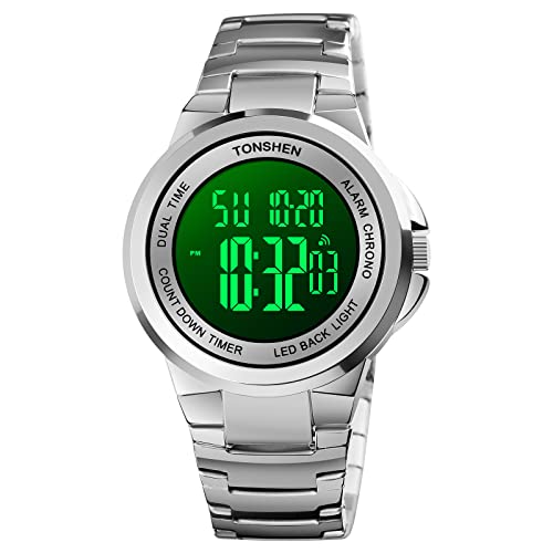 TONSHEN Herren Digital Uhren Luxus Fashion Edelstahl Uhr LED Elektronik Outdoor Multifunktional Alarm Stoppuhr Casual Sportuhr (Silber 2) von TONSHEN