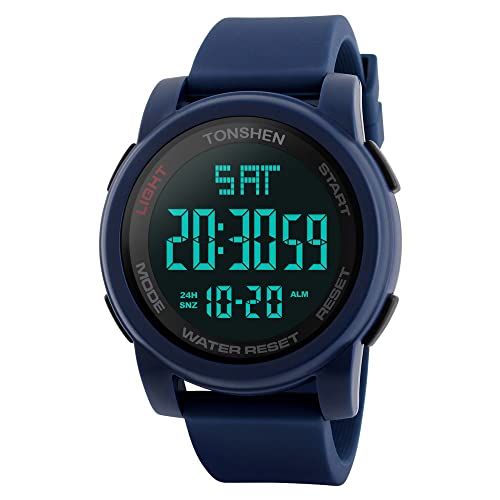 TONSHEN Herren Digital Uhren Outdoor Militär 50M Wasserdicht Multifunktional Sportuhr LED Elektronik Doppelte Zeit Groß Plastik Lünetten und Kautschuk Band Armbanduhr (Blau) von TONSHEN