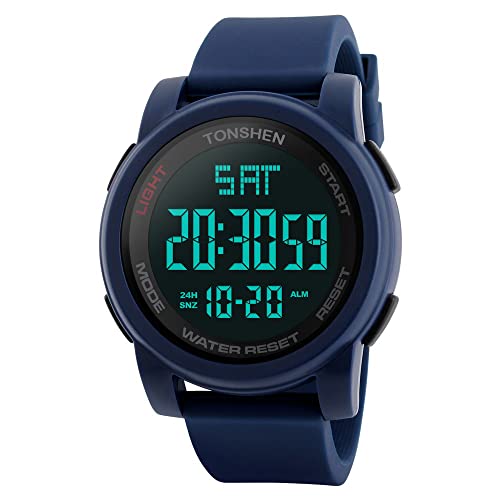 TONSHEN Herren Digital Uhren Outdoor Militär 50M Wasserdicht Multifunktional Sportuhr LED Elektronik Doppelte Zeit Groß Plastik Lünetten und Kautschuk Band Armbanduhr (Blau) von TONSHEN