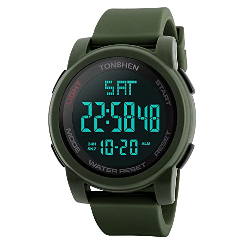 TONSHEN Herren Digital Uhren Outdoor Militär 50M Wasserdicht Multifunktional Sportuhr LED Elektronik Doppelte Zeit Groß Plastik Lünetten und Kautschuk Band Armbanduhr (Grün) von TONSHEN