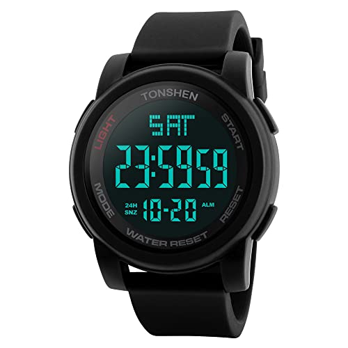 TONSHEN Herren Digital Uhren Outdoor Militär 50M Wasserdicht Multifunktional Sportuhr LED Elektronik Doppelte Zeit Groß Plastik Lünetten und Kautschuk Band Armbanduhr (Schwarz) von TONSHEN