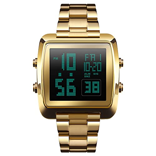 TONSHEN Herren Digitaluhr Sportuhr LED Elektronik Outdoor Multifunktional Doppelte Zeit Countdown Alarm Stoppuhr Uhren Casual Edelstahl Armbanduhr (Gold) von TONSHEN