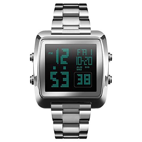 TONSHEN Herren Digitaluhr Sportuhr LED Elektronik Outdoor Multifunktional Doppelte Zeit Countdown Alarm Stoppuhr Uhren Casual Edelstahl Armbanduhr (Silber) von TONSHEN