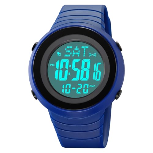 TONSHEN Herren Digitaluhr Sportuhr Outdoor Militär Uhren Multifunktional Wasserdicht LED Elektron Licht Armbanduhr Plastik Lünette und Kautschuk Band (Blau) von TONSHEN