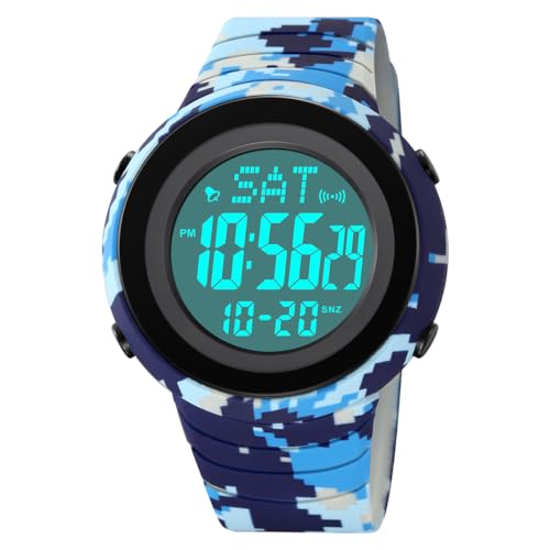 TONSHEN Herren Digitaluhr Sportuhr Outdoor Militär Uhren Multifunktional Wasserdicht LED Elektron Licht Armbanduhr Plastik Lünette und Kautschuk Band (Blau Camo) von TONSHEN