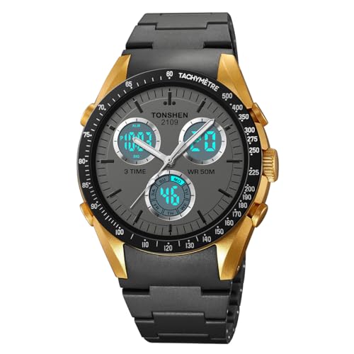 TONSHEN Herren Digitaluhr Sportuhr Outdoor Militär Wasserdicht Plastik Uhren LED Analog Quarz DREI Zeit Alarm Countdown Armbanduhr (Gelb) von TONSHEN