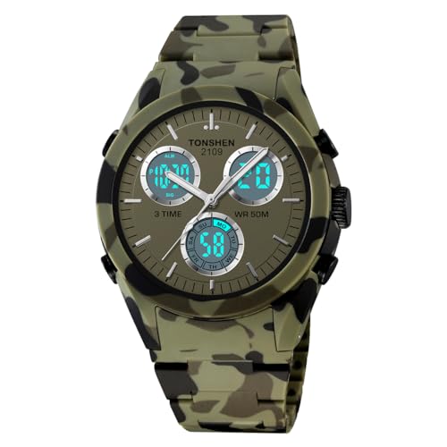 TONSHEN Herren Digitaluhr Sportuhr Outdoor Militär Wasserdicht Plastik Uhren LED Analog Quarz DREI Zeit Alarm Countdown Armbanduhr (Grün) von TONSHEN