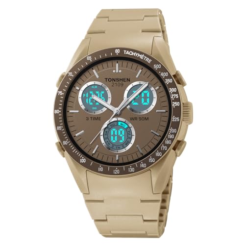 TONSHEN Herren Digitaluhr Sportuhr Outdoor Militär Wasserdicht Plastik Uhren LED Analog Quarz DREI Zeit Alarm Countdown Armbanduhr (Khaki) von TONSHEN