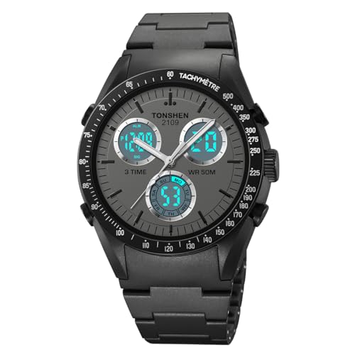 TONSHEN Herren Digitaluhr Sportuhr Outdoor Militär Wasserdicht Plastik Uhren LED Analog Quarz DREI Zeit Alarm Countdown Armbanduhr (Schwarz) von TONSHEN