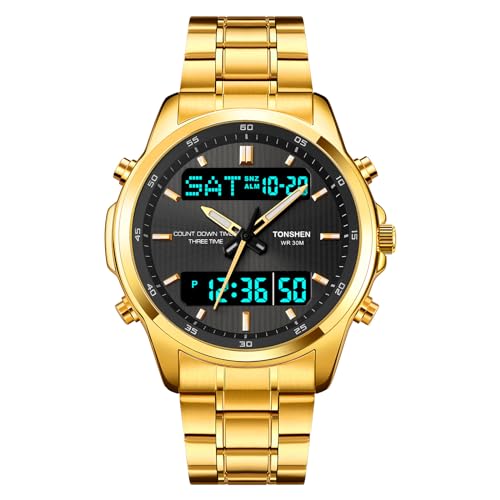 TONSHEN Herren Edelstahl Digital Uhren LED Elektronik Analog Quarz DREI Zeit Outdoor Militär Multifunktional Datum Countdown Alarm Sport Uhren (Silber) (Gold 2) von TONSHEN