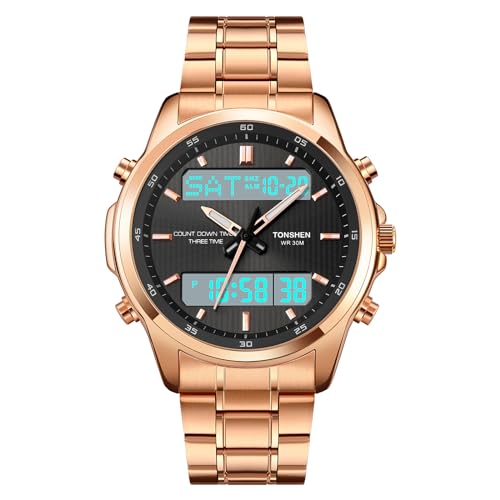 TONSHEN Herren Edelstahl Digital Uhren LED Elektronik Analog Quarz DREI Zeit Outdoor Militär Multifunktional Datum Countdown Alarm Sport Uhren (Silber) (Rose) von TONSHEN