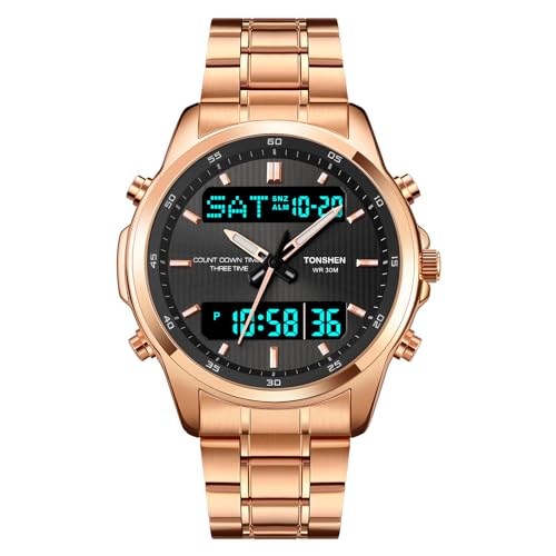 TONSHEN Herren Edelstahl Digital Uhren LED Elektronik Analog Quarz DREI Zeit Outdoor Militär Multifunktional Datum Countdown Alarm Sport Uhren (Silber) (Rose 2) von TONSHEN