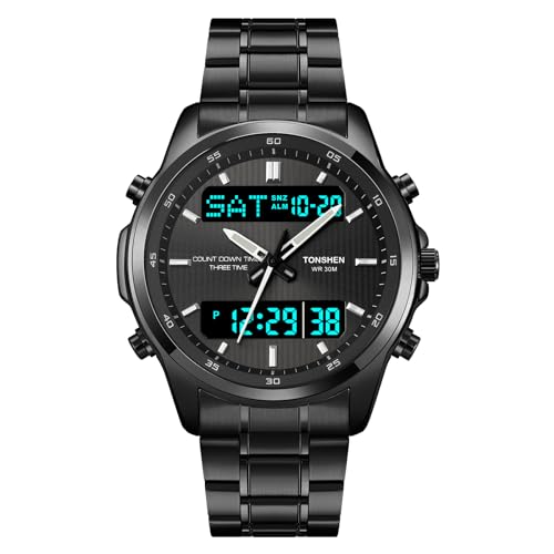 TONSHEN Herren Edelstahl Digital Uhren LED Elektronik Analog Quarz DREI Zeit Outdoor Militär Multifunktional Datum Countdown Alarm Sport Uhren (Silber) (Schwarz 2) von TONSHEN