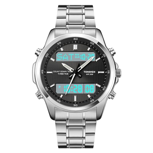 TONSHEN Herren Edelstahl Digital Uhren LED Elektronik Analog Quarz DREI Zeit Outdoor Militär Multifunktional Datum Countdown Alarm Sport Uhren (Silber) (Silber) von TONSHEN