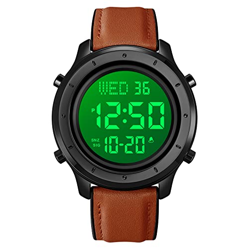 TONSHEN Herren Edelstahl Digital Uhren LED Elektronik Outdoor Multifunktional Alarm Stoppuhr Sportuhr Armbanduhr (Braun Leder) von TONSHEN