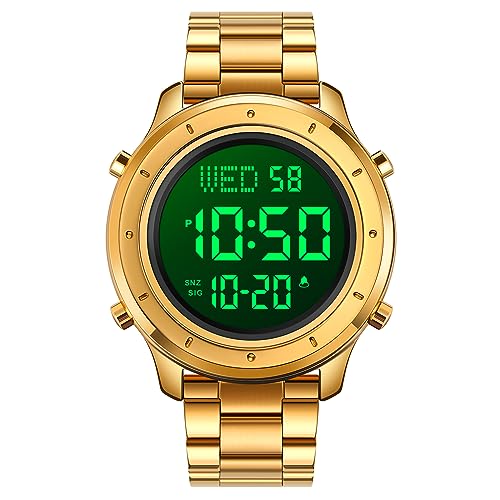 TONSHEN Herren Edelstahl Digital Uhren LED Elektronik Outdoor Multifunktional Alarm Stoppuhr Sportuhr Armbanduhr (Gold 2 Edelstahl) von TONSHEN