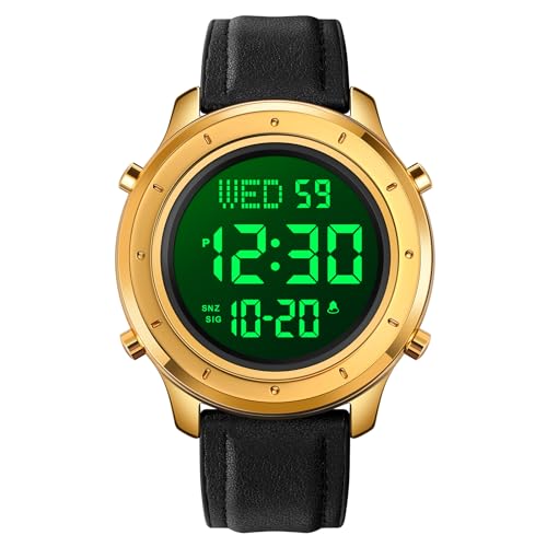 TONSHEN Herren Edelstahl Digital Uhren LED Elektronik Outdoor Multifunktional Alarm Stoppuhr Sportuhr Armbanduhr (Gold 2 Leder) von TONSHEN