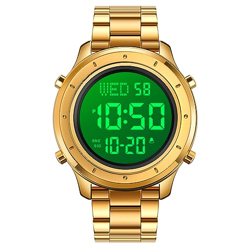 TONSHEN Herren Edelstahl Digital Uhren LED Elektronik Outdoor Multifunktional Alarm Stoppuhr Sportuhr Armbanduhr (Gold Edelstahl) von TONSHEN