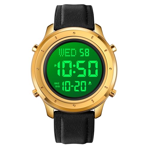 TONSHEN Herren Edelstahl Digital Uhren LED Elektronik Outdoor Multifunktional Alarm Stoppuhr Sportuhr Armbanduhr (Gold Leder) von TONSHEN