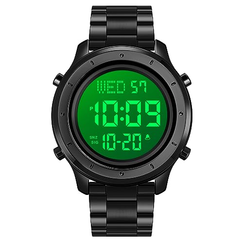 TONSHEN Herren Edelstahl Digital Uhren LED Elektronik Outdoor Multifunktional Alarm Stoppuhr Sportuhr Armbanduhr (Schwarz Edelstahl) von TONSHEN