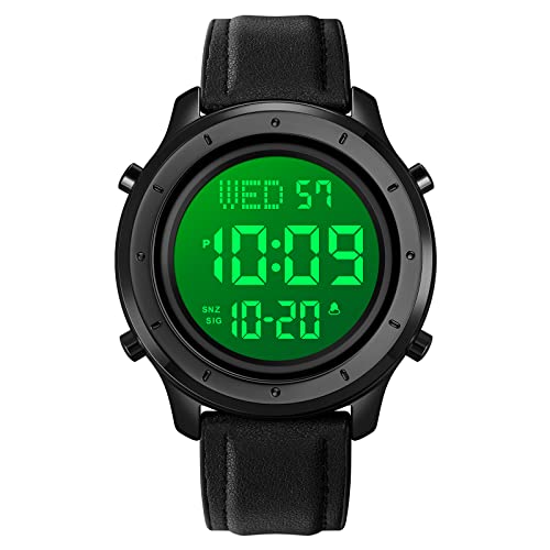 TONSHEN Herren Edelstahl Digital Uhren LED Elektronik Outdoor Multifunktional Alarm Stoppuhr Sportuhr Armbanduhr (Schwarz Leder) von TONSHEN