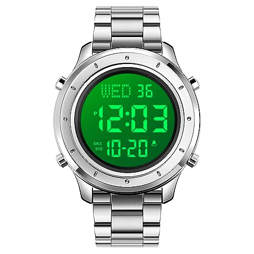 TONSHEN Herren Edelstahl Digital Uhren LED Elektronik Outdoor Multifunktional Alarm Stoppuhr Sportuhr Armbanduhr (Silber Edelstahl) von TONSHEN