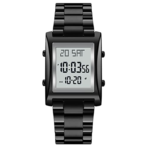 TONSHEN Herren Edelstahl Digital Uhren LED Elektronik Outdoor Multifunktional Doppelte Zeit Countdown Alarm Stoppuhr Sportuhr Armbanduhr (Schwarz) von TONSHEN