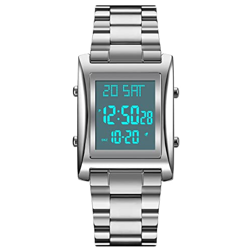 TONSHEN Herren Edelstahl Digital Uhren LED Elektronik Outdoor Multifunktional Doppelte Zeit Countdown Alarm Stoppuhr Sportuhr Armbanduhr (Silber) von TONSHEN