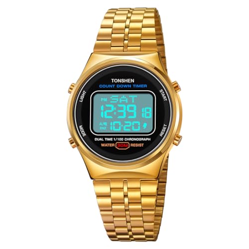 TONSHEN Herren Edelstahl Uhr Digital LED Elektronik Multifunktional Alarm Stoppuhr Sportuhr Uhren (Gold) von TONSHEN